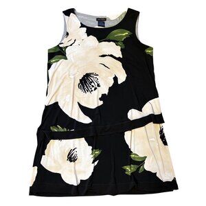 Eva Varro L Dress Sleeveless Double Tier Stretch Knit Floral Black Ivory Tiered